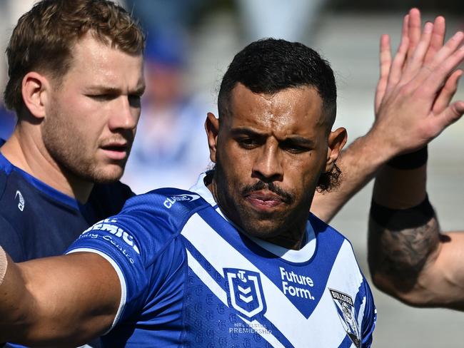 BUNDABERG, AUSTRALIA - AUGUST 17:  Josh Addo-Carr of the Bulldogs warms up ahead of the round 24 NRL match between Canterbury Bulldogs and Dolphins at Salter Oval, on August 17, 2024, in Bundaberg, Australia. (Photo by Emily Barker/Getty Images)