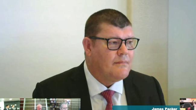 James Packer appearing via video link at the NSW government gaming inquiry in October.