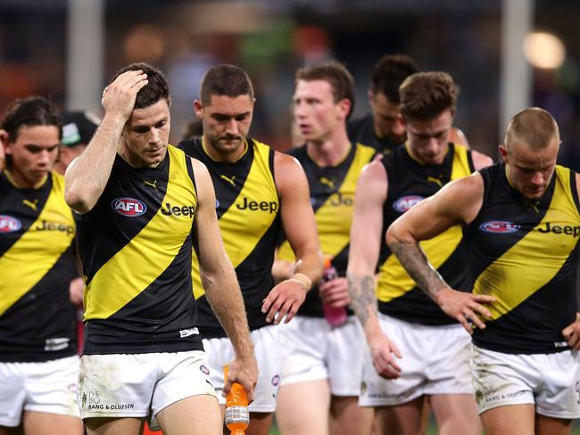 Trent Cotchin of the Tigers looks dejected after round 9 defeat to GWS