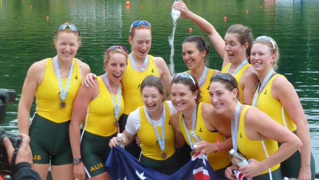 Sarah Cook, third from left, was part of the Australian women’s eight crew at the 2012 London Olympics.