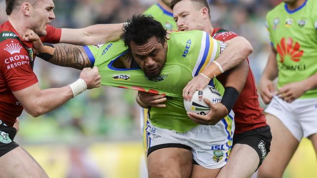 Junior Paulo on the charge for the Raiders against the Rabbitohs at GIO Stadium. Picture: AAP