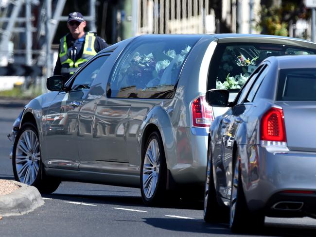 Karen Ristevski’s casket leaves St John’s Uniting Church. Picture: Nicole Garmston