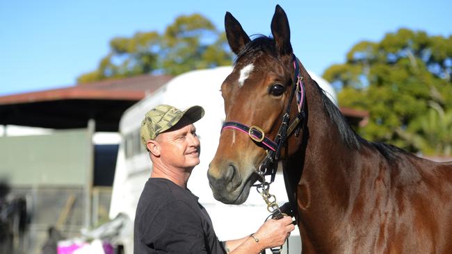 Trainer Dwayne Schmidt with filly Fleeting Princess. Hyperion Star won today while Schmidt stayed at home after a skin cancer treatment. Photo Caitlan Charles