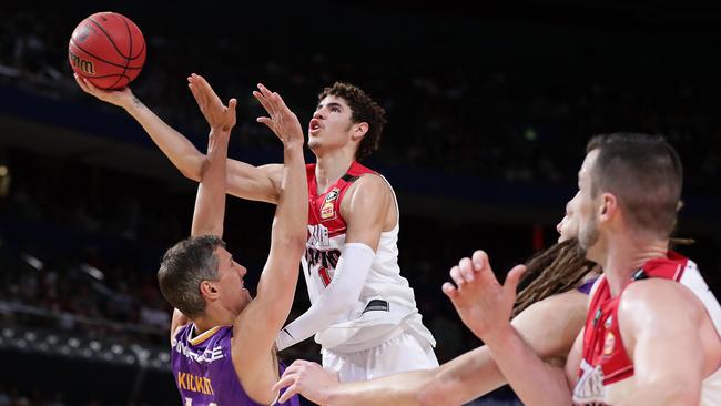 Illawarra’s LaMelo Ball drives to the basket against the Sydney Kings at Qudos Bank Arena in Sydney. Picture: Getty Images