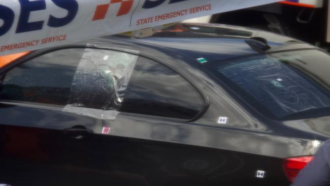 Damage from gunshots seen in Shane Bowden's BMW. Picture: J.J. Donaldson.