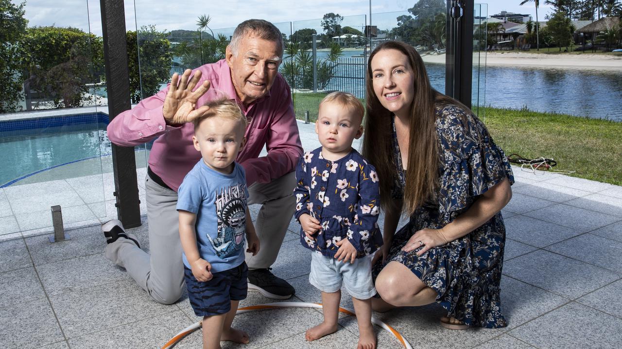 Laurie Lawrence, his daughter Emma Lawrence and his grandkids Sophie and Nate Simpson (twins, 15 months old). Picture: Mark Cranitch