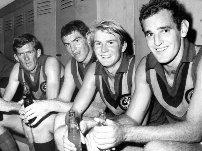 State squad footballers (l-r) Trevor Stanton (Central District), Craig McKellar (Woodville), Peter Endersbee (Sturt) and Craig Cock (South Adelaide) after first training session at Adelaide Oval 29 Apr 1969.