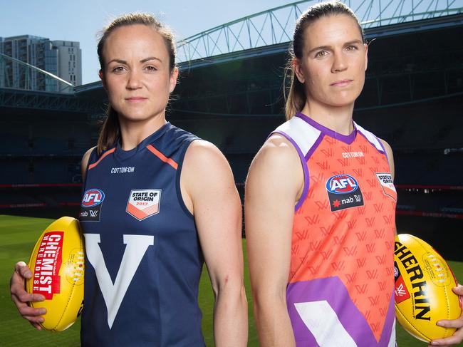 AFL Women's State-of-Origin clash between Victoria and The Allies. Daisy Pearce (Victoria) & Chelsea Randall (The Allies). Picture: Mark Stewart
