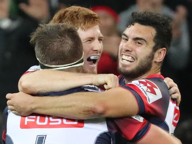 MELBOURNE, AUSTRALIA - APRIL 15:  Nic Stirzaker and Jack Debreczeni of the Rebels celebrate at the full time whistle as they win the round eight Super Rugby match between the Rebels and the Brumbies at AAMI Park on April 15, 2017 in Melbourne, Australia.  (Photo by Scott Barbour/Getty Images)