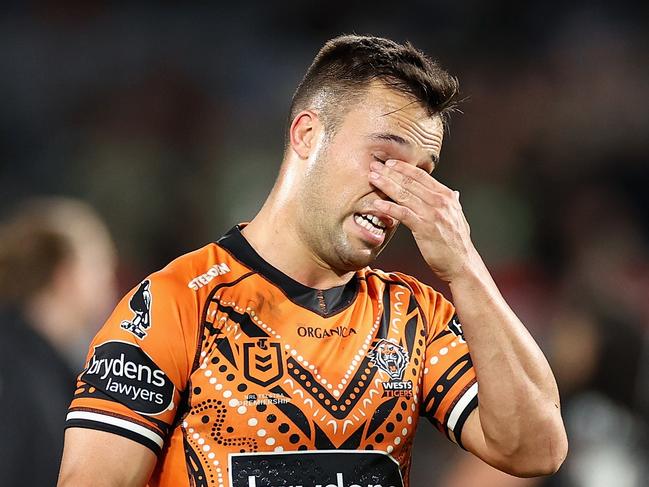 SYDNEY, AUSTRALIA - MAY 28: Luke Brooks of the Wests Tigers looks on during the round 12 NRL match between the South Sydney Rabbitohs and the Wests Tigers at Accor Stadium, on May 28, 2022, in Sydney, Australia. (Photo by Cameron Spencer/Getty Images)