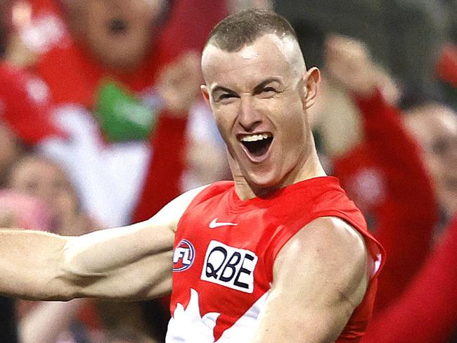 Sydney's Chad Warner celebrates kicking a goal  during the Round 13 AFL match between the Sydney Swans and Geelong Cats at the SCG on June 9, 2024.. Photo by Phil Hillyard(Image Supplied for Editorial Use only - **NO ON SALES** - Â©Phil Hillyard )