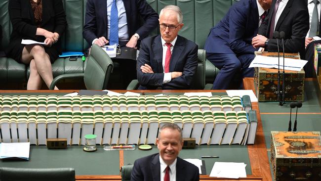 Malcolm Turnbull, top, entered question time in Parliament House, Canberra, yesterday stripped of the opportunity to advance his party’s strategy to ‘kill Bill’ Shorten, bottom. Picture: AAP