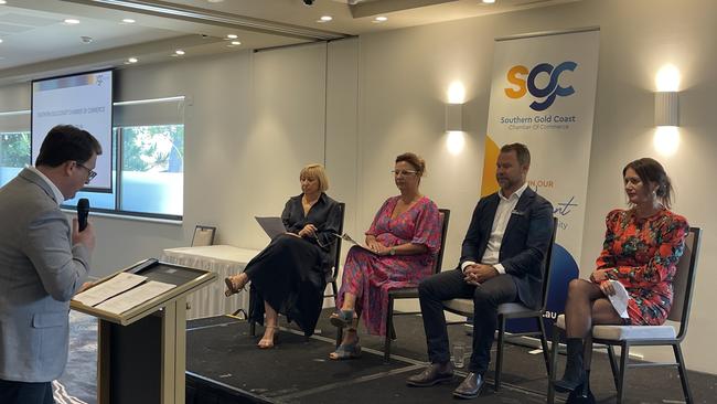 Zac Revere interviewing Division 13 candidates at the Southern Gold Coast Chamber of Commerce candidate debate on Wednesday, February 21, 2024. Picture: Paul Weston