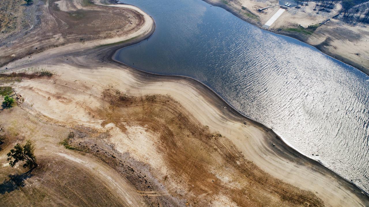 Aerial above the rapidly receding Storm King Dam at Stanthorpe which supplies the town water, during a horrific drought in 2019. Photo Lachie Millard