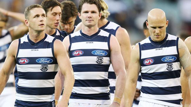 Joel Selwood, Patrick Dangerfield and Gary Ablett haven’t clicked inside the centre square. Pic: Getty Images