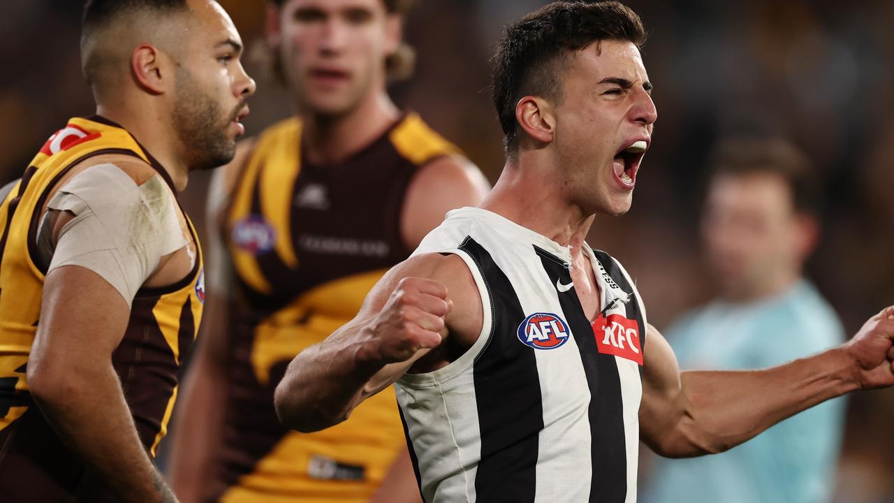 Nick Daicos reacts after kicking a goal against the Hawks. Picture: Michael Klein