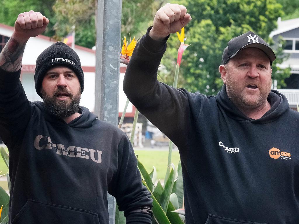 CFMEU members crash a press conference of former Victorian Liberal Party leader, Matthew Guy, in November 2022. Picture: Luis Enrique Ascui