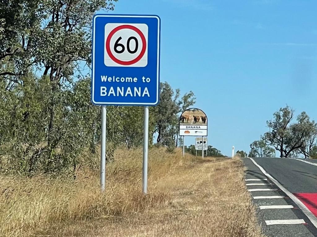 Sign on approach to the town of Banana, 150km west of Gladstone, Queensland. Picture: Hamish Thompson.