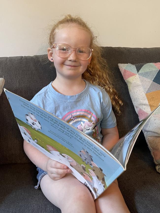 Four-year-old Adeleine started wearing glasses a month ago to improve the vision loss in her left eye. Picture: Supplied