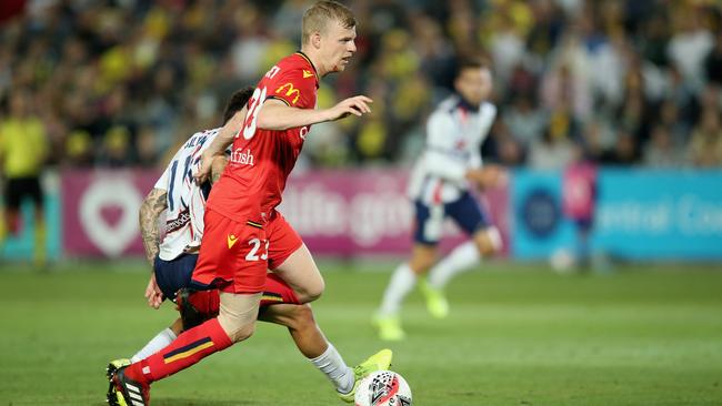 Centre back Jordan Elsey was a standout in Adelaide United’s FFA Cup victory over Central Coast Mariners in Gosford. Picture: Ashley Feder/Getty Images