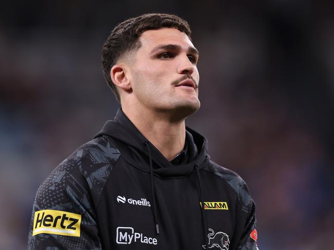 SYDNEY, AUSTRALIA - MARCH 28:  Injured Panthers player Nathan Cleary looks on before the round four NRL match between Sydney Roosters and Penrith Panthers at Allianz Stadium on March 28, 2024, in Sydney, Australia. (Photo by Cameron Spencer/Getty Images)