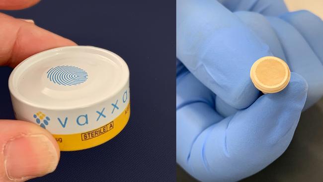 A dispenser and the lattice of thousands of tiny holes that dispense vaccine into the skin.