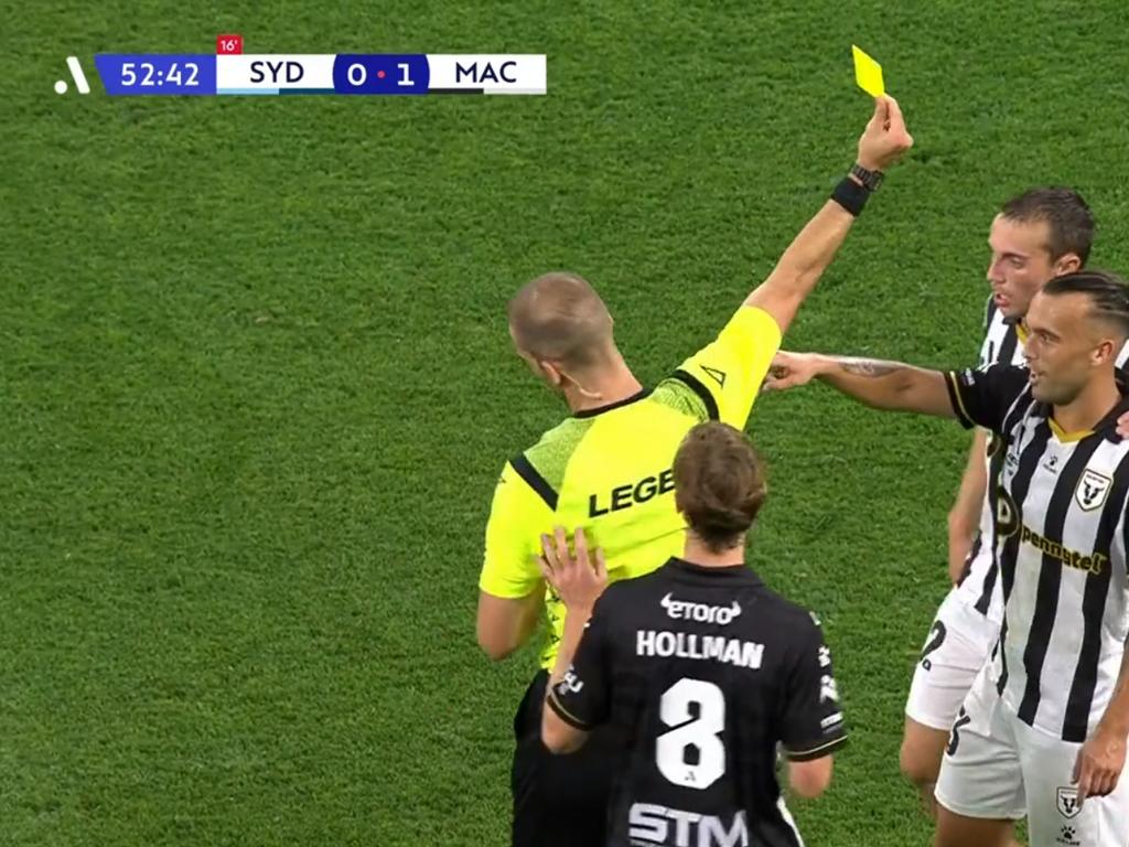 9 December 2023 - Macarthur 2 Sydney FC 0. Yellow card: Clayton Lewis (Macarthur) 53rd minute. Source: Paramount Plus
