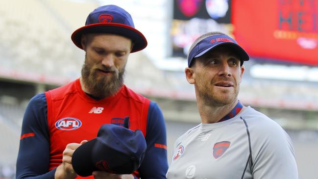 Max Gawn and coach Simon Goodwin share a close relationship, in every sense. Picture: Dylan Burns