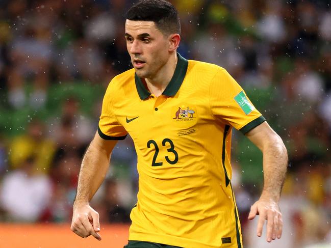 MELBOURNE, AUSTRALIA - JANUARY 27: Tom Rogic of Australia in action during the FIFA World Cup Qatar 2022 AFC Asian Qualifier match between Australia Socceroos and Vietnam at AAMI Park on January 27, 2022 in Melbourne, Australia. (Photo by Jonathan DiMaggio/Getty Images)