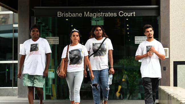 Family of Frederick Row Row (L to R) his partner Glenda Barnes, sister Pam White-Row Row, daughters Sheanea Row Row and nephew Dennis Saunders walk out of the Coroner's Court in Brisbane. The coroner delivered his findings into the death of Indigenous man Frederick Row Row, who died in custody in August 2016 Picture: NCA NewsWire / Dan Peled