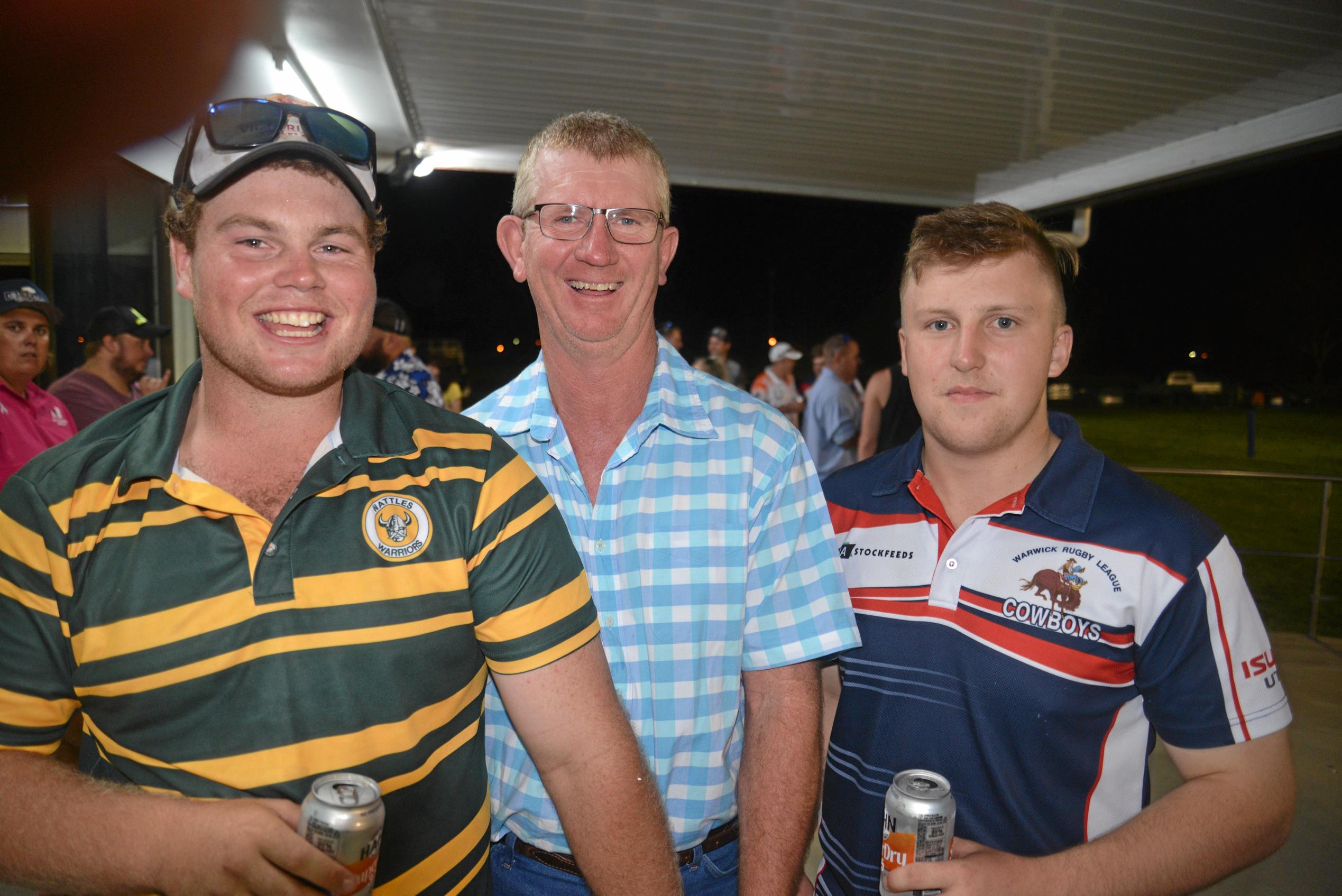 Mitchell Duff (Wattles) with John McMahon and Nick Lane (Cowboys) at TRL round 1. Picture: Gerard Walsh