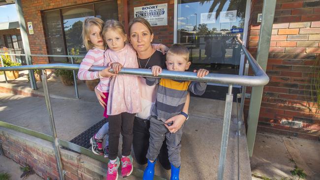 Sharlene Stringer with children Hayley, Becky and Tyler outside the Boort's medical clinic, which will will close from November 1, 2018. Picture: Rob Leeson