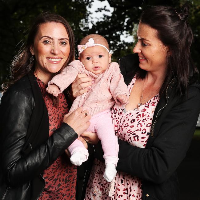 Sisters Jacqui Gray and Natalie Gray with daughter Tilly four months who are strong campaigners for the voluntary assisted dying bill to pass in Tasmania. Picture: Nikki Davis-Jones