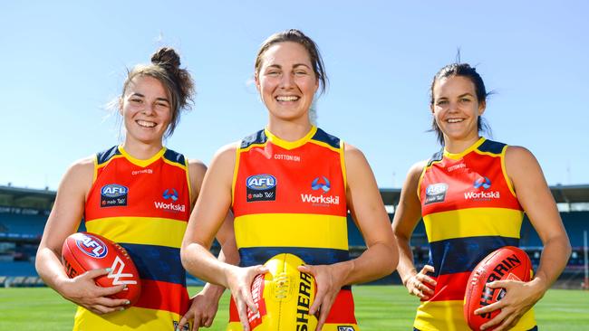 Crows AFLW players Jenna McCormick, Rheanne Lugg and Sally Riley during pre-season. Picture: Brenton Edwards/AAP