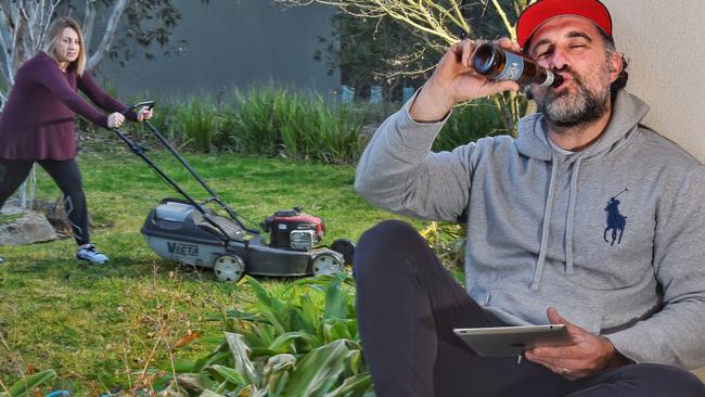 Luly Gazeas enjoys a beer while wife Lorna mows the lawn. Picture: Tony Gough