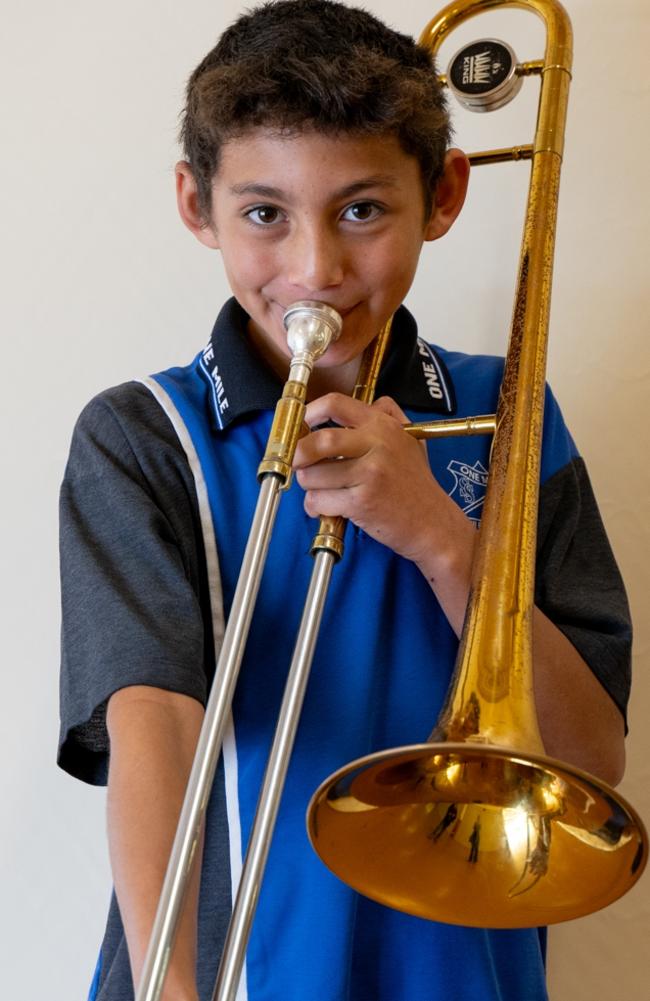 Junallaki Jones-Lawlor played trombone in the One Mile State School Concert Band in the Gympie Eisteddfod. July 31, 2023. Picture: Christine Schindler