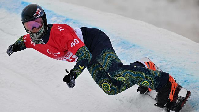 Australia’s Ben Tudhope competes in the banked slalom SB-LL2 in Beijing. Picture: AFP