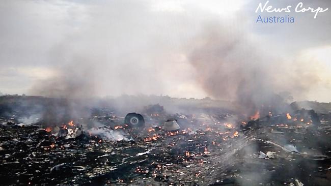 Devastating scene ... A video grab made shortly after Malaysian Airlines flight MH17 was shot down over Ukraine. Picture: Supplied