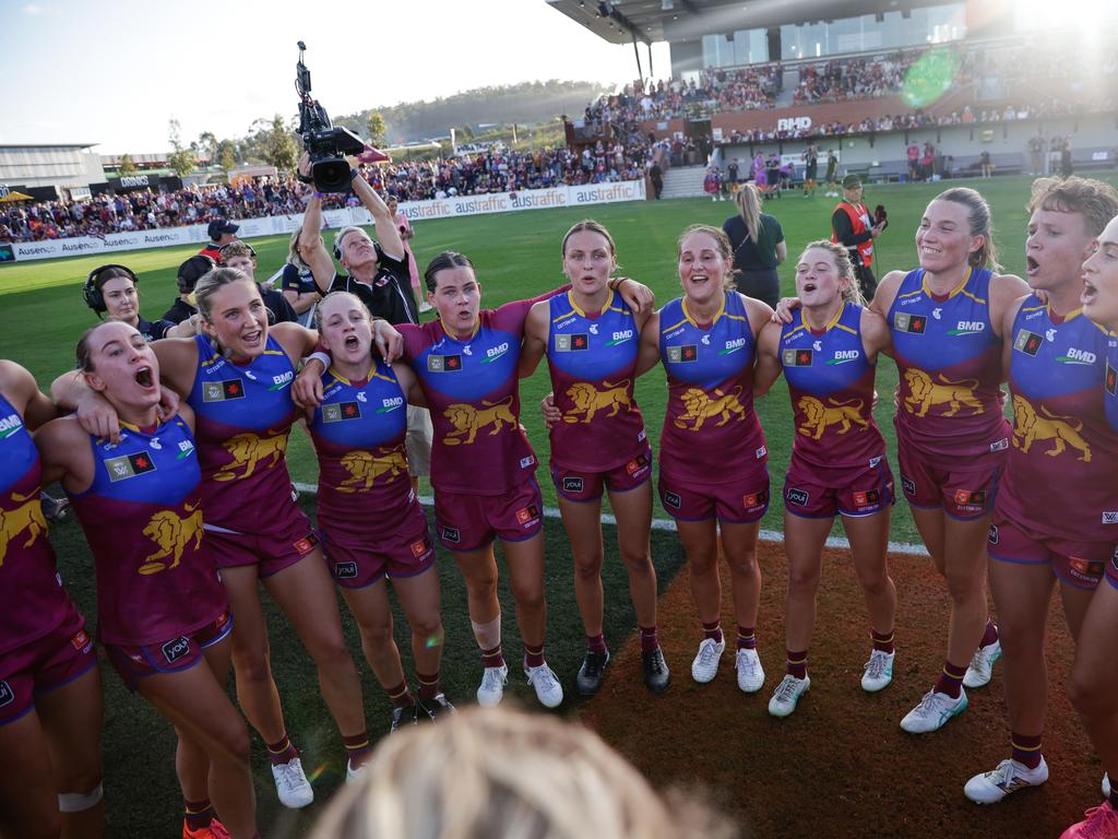 The Brisbane Lions sing the team song after their Round 5 win. Picture: Russell Freeman/AFL Photos via Getty Images.