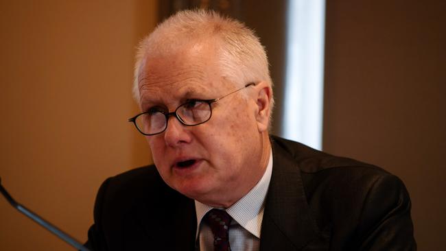 Commissioner Bret Walker SC is seen making his opening comments at the first public hearings of the Murray Darling Basin Royal Commission at the Adelaide Town Hall, King William St, in Adelaide, Monday, June 18, 2018. (AAP Image/Morgan Sette)