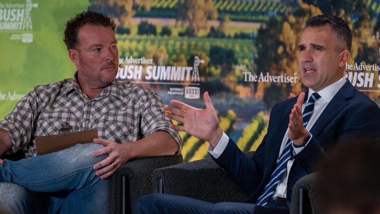 Premier Peter Malinauskas is interviewed by Andrew “Cosi” Costello at The Advertiser Bush Summit on Wednesday. Photo: Naomi Jellicoe