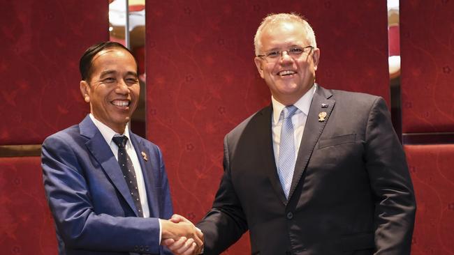 Scott Morrison meets Indonesian President Joko Widodo at the ASEAN East Asia Summit in Bangkok in 2019. Picture: AAP