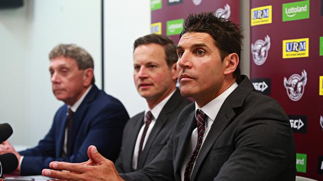 Sea Eagles CEO Lyall Gorman, Chairman Scott Penn and coach Trent Barrett. Picture: Adam Yip / Manly Daily