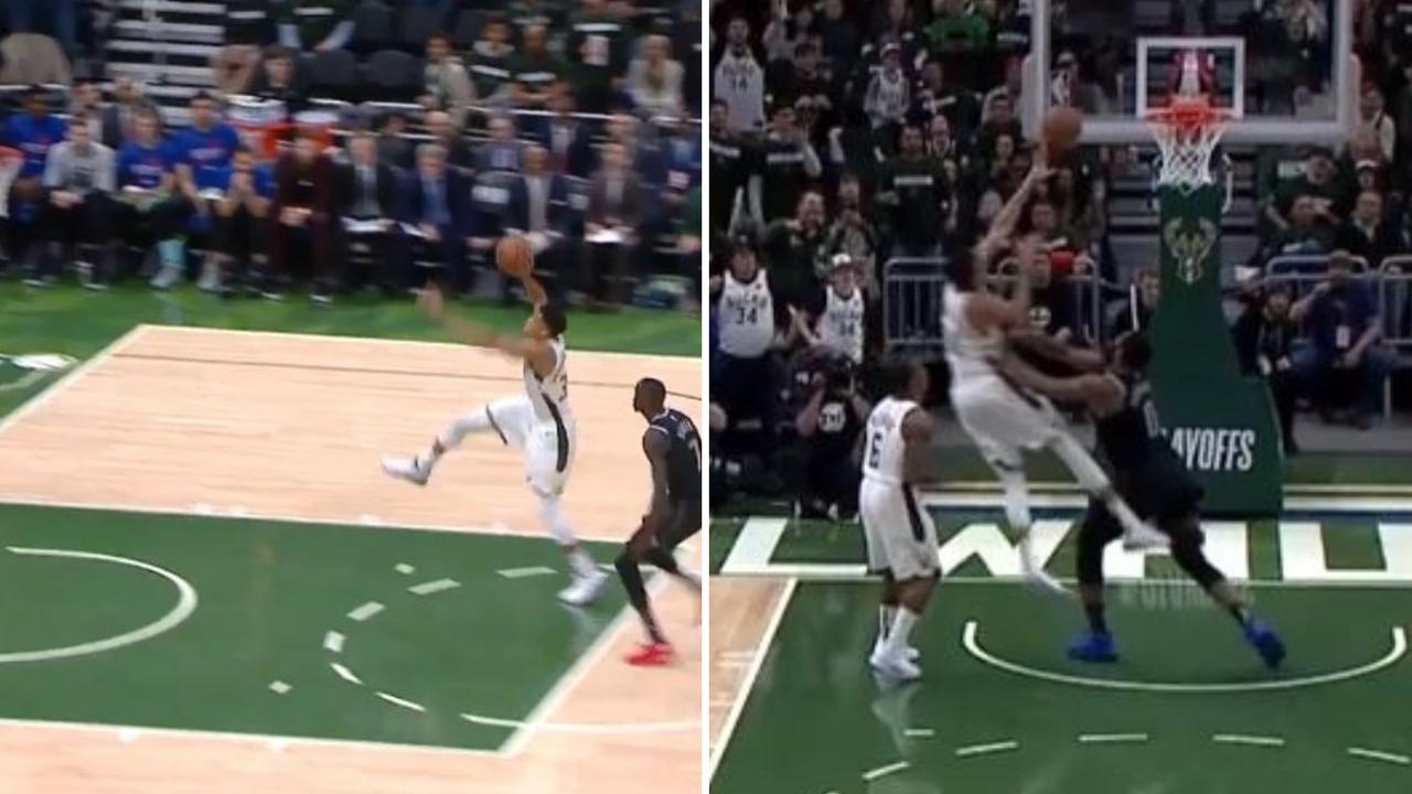 Giannis threw down a crazy dunk, then went to the floor after a dangerous play.