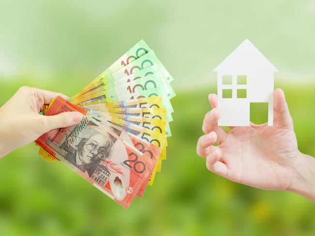 Client giving Australian money to property agent for buying house. Property and real estate concept. housing, Australian money, generic property