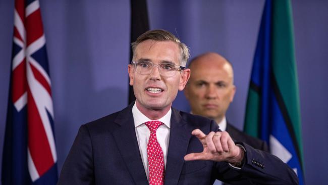 NSW Premier Dominic Perrottet and Treasurer Matt Kean in a press conference where they outlined the Liberals’ $116 billion infrastructure pipeline. Picture: Julian Andrews