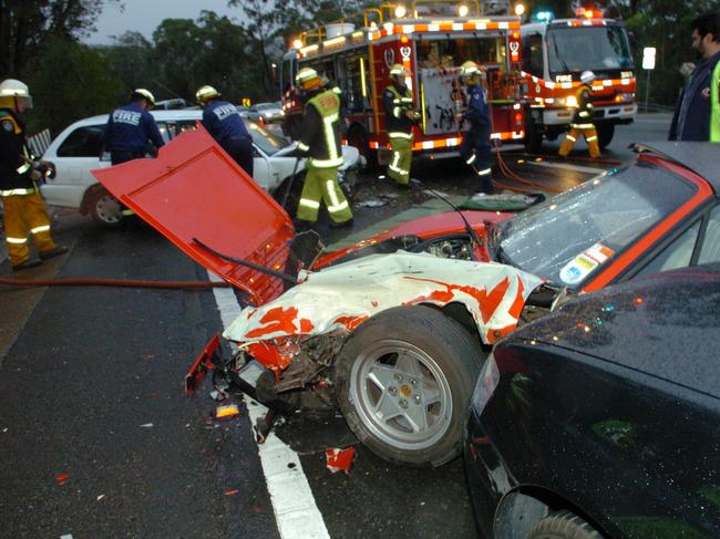 A collision on Mona Vale Rd at Ingleside in 2006. The $340m upgrade will include a concrete barrier between the two lanes of traffic travelling each way, to stop head-on crashes. Picture: John Grainger