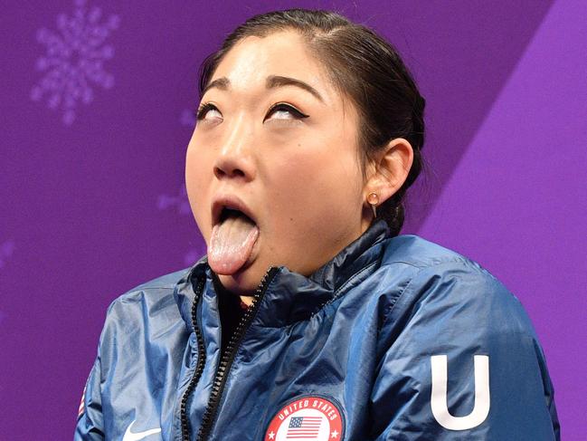 TOPSHOT - USA's Mirai Nagasu reacts after her performance in the women's single skating short program of the figure skating event during the Pyeongchang 2018 Winter Olympic Games at the Gangneung Ice Arena in Gangneung on February 21, 2018. / AFP PHOTO / Mladen ANTONOV