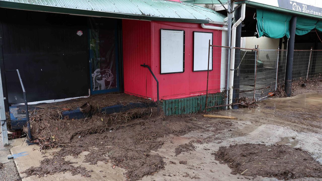 Flooding debris at the Old Britannia on Patrick Street, Laidley, after floodwaters subsided Tuesday. Picture: Liam Kidston