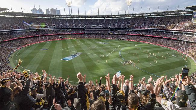 The crowd erupts after the 2017 Grand Final. Picture: Jason Edwards